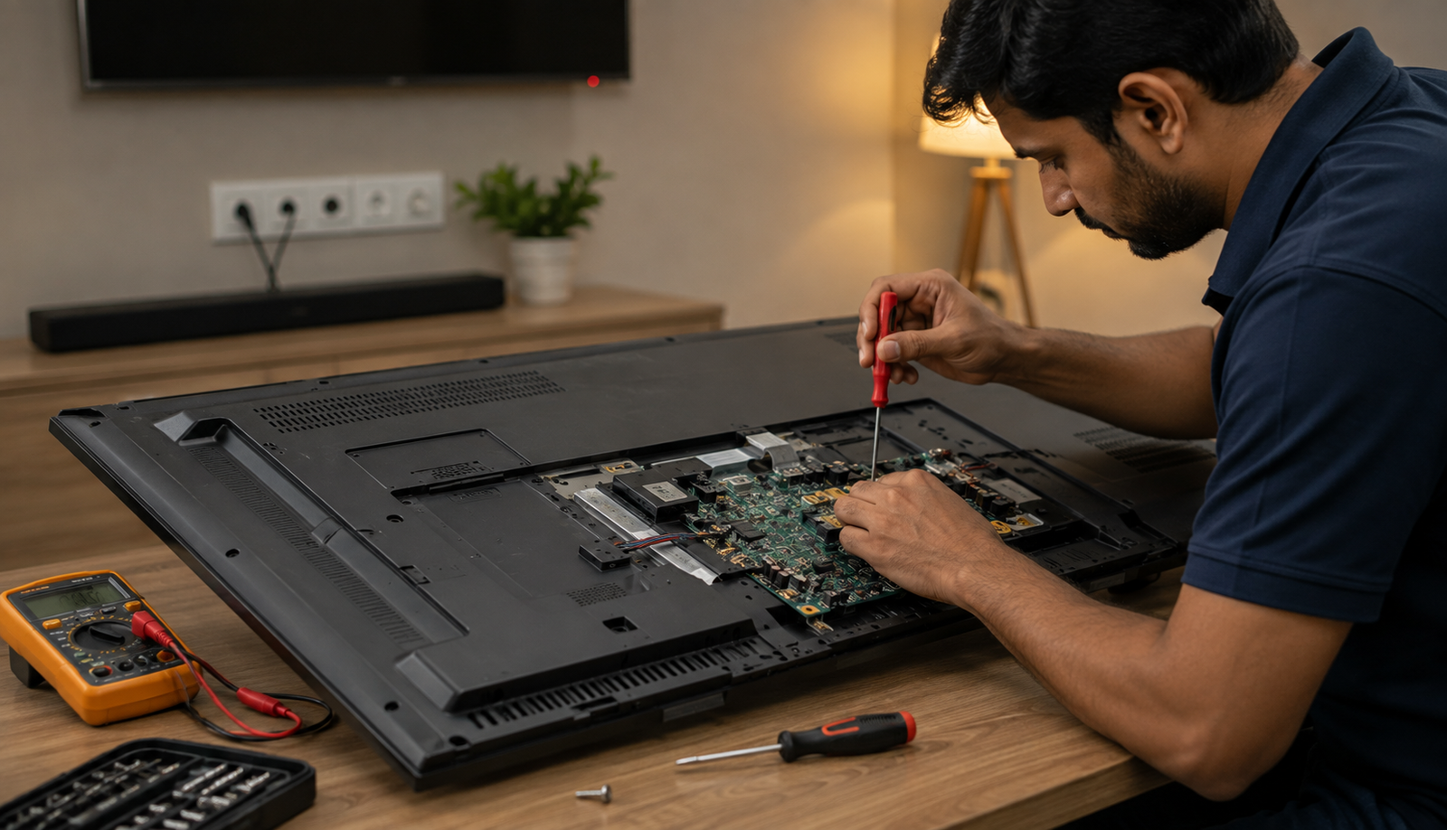 Technician inspecting electronic hardware